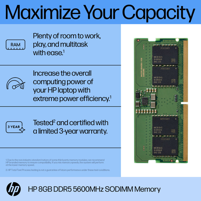HP 8GB DDR5 5600 SODIMM Memory, 8 GB, 1 x 8 GB, DDR5, 262-pin SO-DIMM