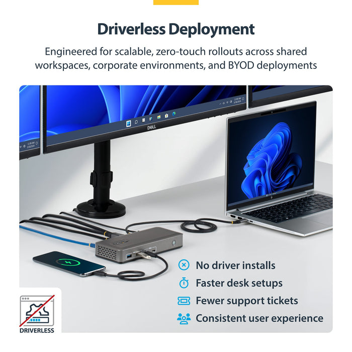 StarTech USB-C Docking Station Triple 4K Displays (2x 4K 60Hz, 1x 4K 30Hz), 100W Power Delivery, 6 USB Ports (10Gbps), Gigabit Ethernet, DisplayPort + HDMI, Driverless Windows Laptop Dock