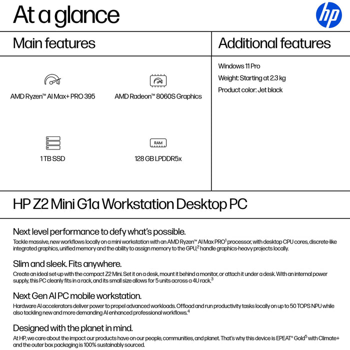 HP Z2 Mini G1a, 3 GHz, AMD Ryzen AI Max+ PRO, PRO 395, 128 GB, 1 TB, Windows 11 Pro