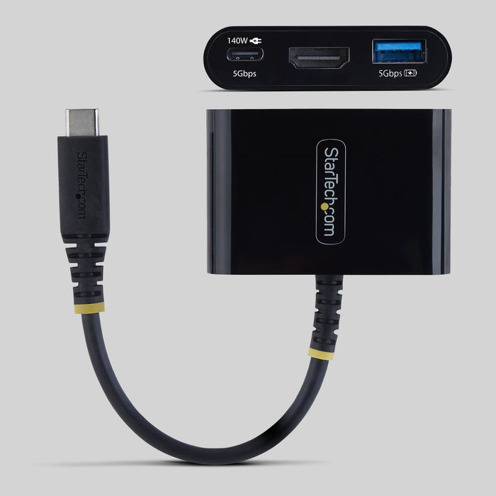 StarTech.com USB-C to HDMI Multiport Adapter with 140W PD Charging, 4K 60Hz HDMI, USB 5Gbps Hub, Mini Dock For MacBook / Dell / Thinkpad / HP / iPad / Tablets, Wired, USB 3.2 Gen 1 (3.1 Gen 1) Type-C, 140 W, Black, 5 Gbit/s, 4K Ultra HD