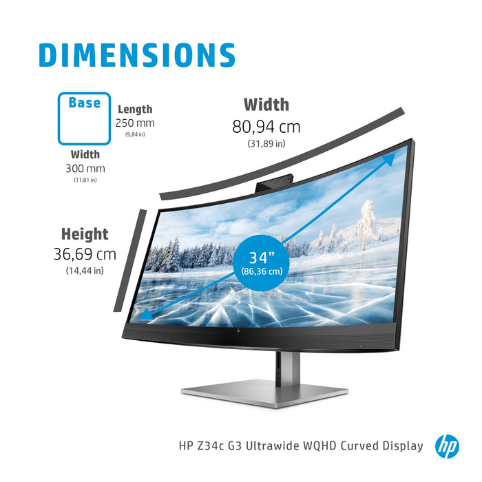 HP Z34c G3 WQHD Curved Display, 86.4 cm (34"), 3440 x 1440 pixels, Wide Quad HD, LED, 6 ms, Grey