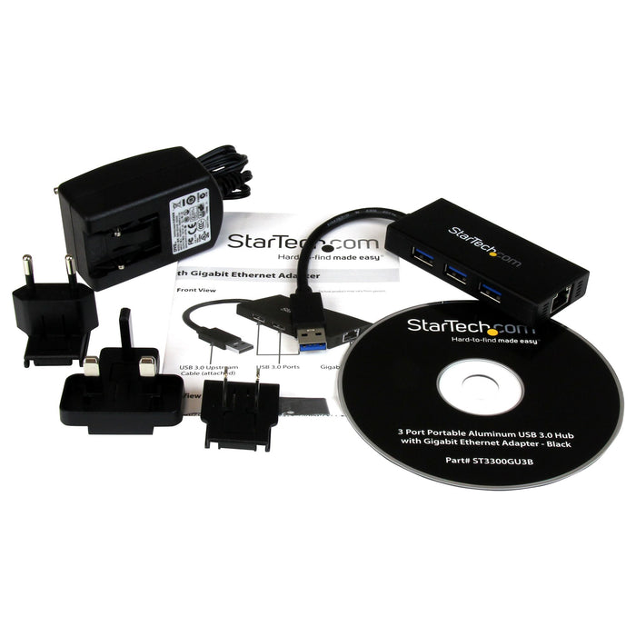 StarTech.com 3-Port Portable USB 3.0 Hub plus Gigabit Ethernet - 5Gbps - Aluminum with Built-in Cable - TAA, Wired, USB, Ethernet, 5000 Mbit/s, Black