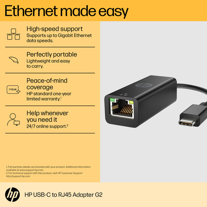 HP USB-C to RJ45 Adapter G2, Wired, USB Type-C, Ethernet, Black