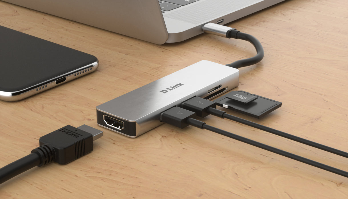 D-Link 5-in-1 USB-C Hub with HDMI and SD/microSD Card Reader, Wired, USB 3.2 Gen 1 (3.1 Gen 1) Type-C, Aluminium, MicroSD (TransFlash), SD, SDHC, SDXC, 5 Gbit/s, 4K Ultra HD