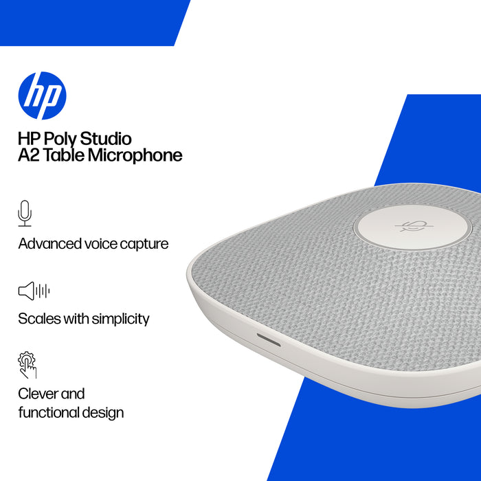 HP Poly Studio A2, White, 6 m, Poly Studio G62: up to 8 Studio A2 table microphones; Poly Studio X72 and Poly Studio V72: up to 4..., -35 dB, Wired, 92 mm