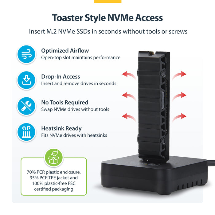 StarTech.com USB-C/USB-A to M.2 NVMe Dock Adapter, 10Gbps, Tool-Free External M.2 NVMe SSD Reader, B+M/M-Key, SSD, M.2, M.2, USB 3.2 Gen 2 (3.1 Gen 2) Type-C, Black, 10 Gbit/s
