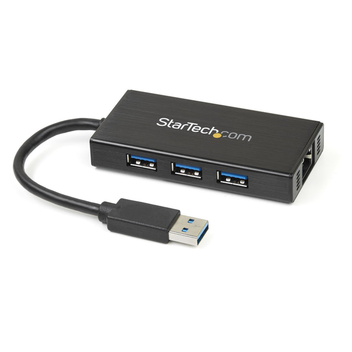 StarTech.com 3-Port Portable USB 3.0 Hub plus Gigabit Ethernet - 5Gbps - Aluminum with Built-in Cable - TAA, Wired, USB, Ethernet, 5000 Mbit/s, Black