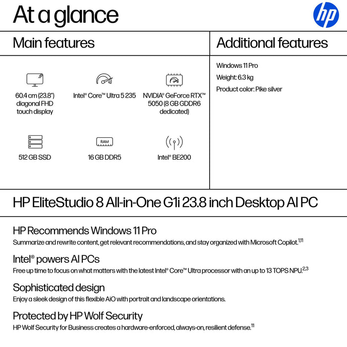 HP EliteStudio 8 All-in-One G1i 23.8 inch Desktop AI PC, 60.5 cm (23.8"), Full HD, Intel Core Ultra 5, 16 GB, Windows 11 Pro, Silver