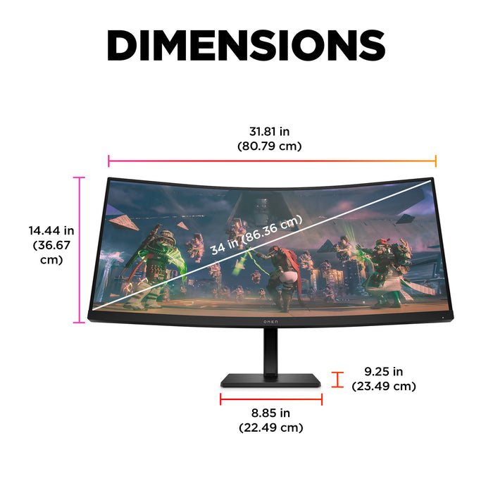 OMEN by HP OMEN by 34 inch WQHD 165Hz Curved Gaming Monitor - OMEN 34c, 86.4 cm (34"), 3440 x 1440 pixels, Wide Quad HD, LCD, 1 ms, Black