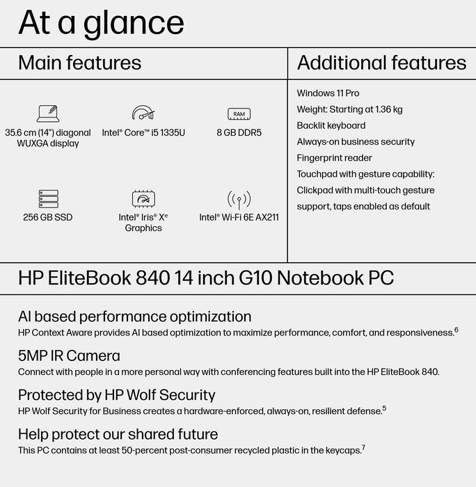 HP EliteBook 840 G10, Intel® Core™ i5, 35.6 cm (14"), 1920 x 1200 pixels, 8 GB, 256 GB, Windows 11 Pro