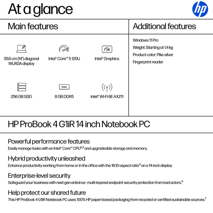 HP ProBook 4 G1iR, Intel Core 5, 35.6 cm (14"), 1920 x 1200 pixels, 8 GB, 256 GB, Windows 11 Pro