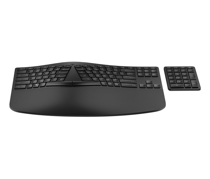 HP 965 Ergonomic Wireless Keyboard, Full-size (100%), Wireless, RF Wireless + Bluetooth, Membrane, Black