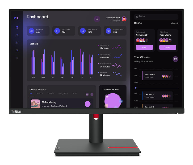 Lenovo ThinkVision T24i-30, 60.5 cm (23.8"), 1920 x 1080 pixels, Full HD, LED, 6 ms, Black