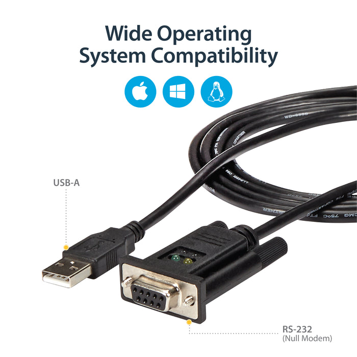 StarTech.com 6ft (1.8m) 1-Port USB to Serial RS232 Adapter, FTDI DB9 Serial DCE Adapter Cable, Null Modem, USB 2.0 - TAA, Black, 1.7 m, USB Type-A, DB-9, Male, Female