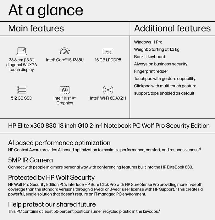 HP Elite x360 830 G10, Intel® Core™ i5, 33.8 cm (13.3"), 1920 x 1200 pixels, 16 GB, 512 GB, Windows 11 Pro