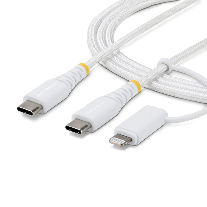 StarTech.com 2m (6ft) 2-in-1 Rugged USB-C Charging Cable with Lightning Adapter, 30W/60W (3A), Apple MFi Certified, Braided USB C Charger Cord for iPhone/iPad/Android, 2 m, USB C, USB C, 0.48 Gbit/s, White