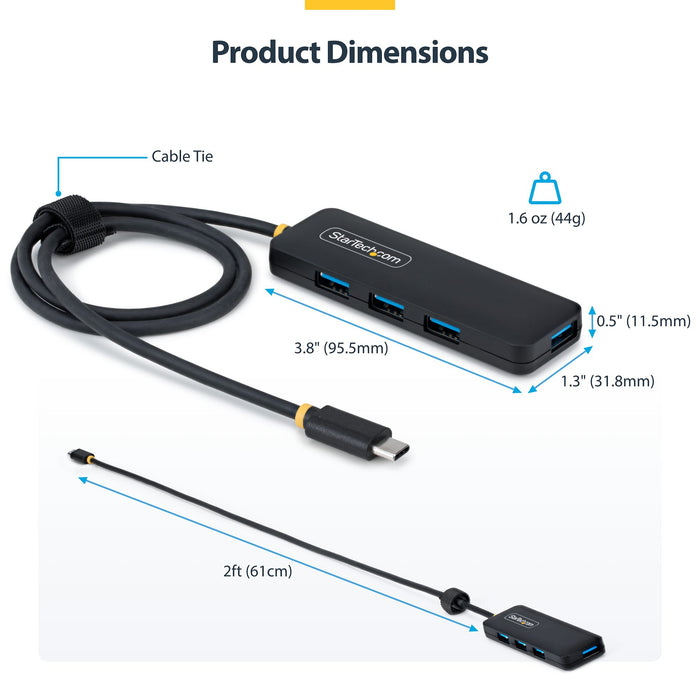 StarTech USB-C 4-Port Hub, SuperSpeed 5Gbps, 4 × USB-A Adapter, Bus-Powered Portable Hub with Extra Long 2 ft Cable, Plug-and-Play for MacBook, Dell, Chromebook, PC & Peripheral Devices