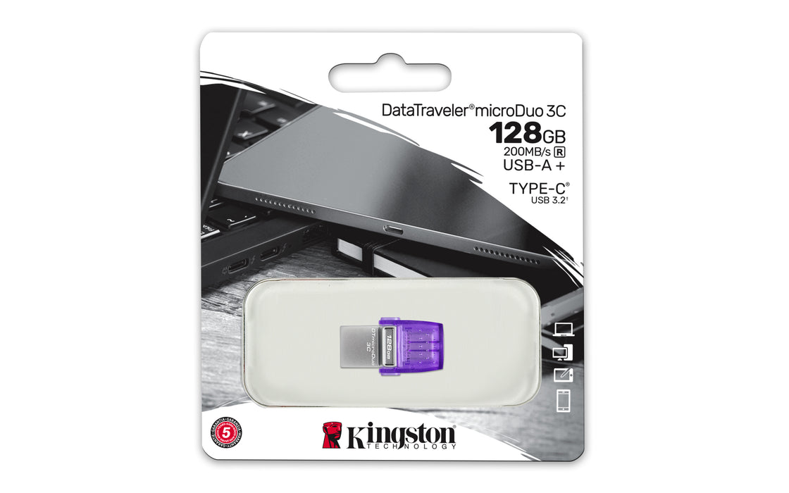 Kingston Technology DataTraveler 128GB microDuo 3C 200MB/s dual USB-A + USB-C, 128 GB, USB Type-A / USB Type-C, 3.2 Gen 1 (3.1 Gen 1), 200 MB/s, Other, Stainless steel, Purple
