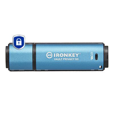 Kingston Technology IronKey 16GB Vault Privacy 50 AES-256 Encrypted, FIPS 197, 16 GB, USB Type-A, 3.2 Gen 1 (3.1 Gen 1), 250 MB/s, Cap, Black, Blue
