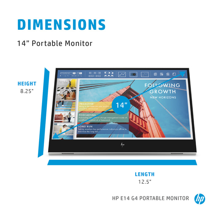 HP E-Series E14 G4 Portable Monitor, 35.6 cm (14"), 1920 x 1080 pixels, Full HD, LCD, 5 ms, Silver