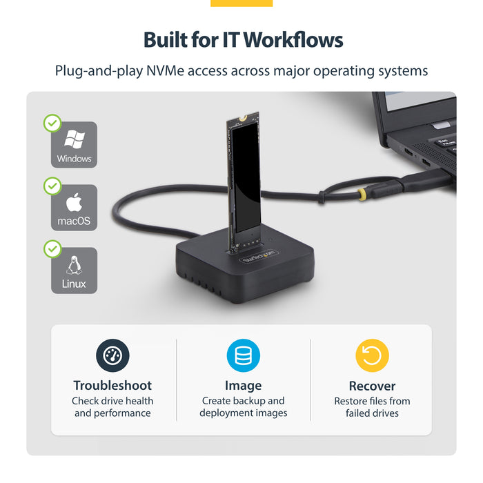 StarTech.com USB-C/USB-A to M.2 NVMe Dock Adapter, 10Gbps, Tool-Free External M.2 NVMe SSD Reader, B+M/M-Key, SSD, M.2, M.2, USB 3.2 Gen 2 (3.1 Gen 2) Type-C, Black, 10 Gbit/s