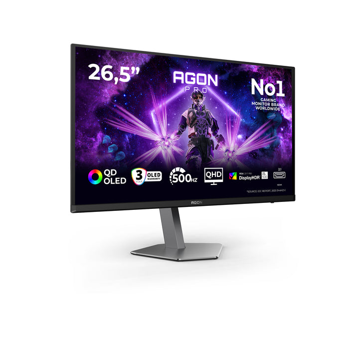 AOC AGON PRO AG276QKD2, 67.3 cm (26.5"), 2560 x 1440 pixels, Quad HD, QD-OLED, 0.03 ms, Black, Grey