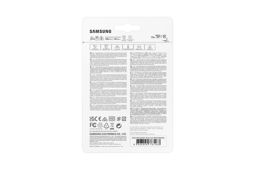 Samsung MB-MJ256K, 256 GB, MicroSDXC, Class 10, UHS-I, 100 MB/s, 40 MB/s