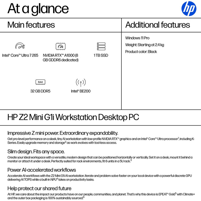 HP Z2 Mini G1i, Intel Core Ultra 7, 265, 32 GB, DDR5-SDRAM, 1 TB, Windows 11 Pro