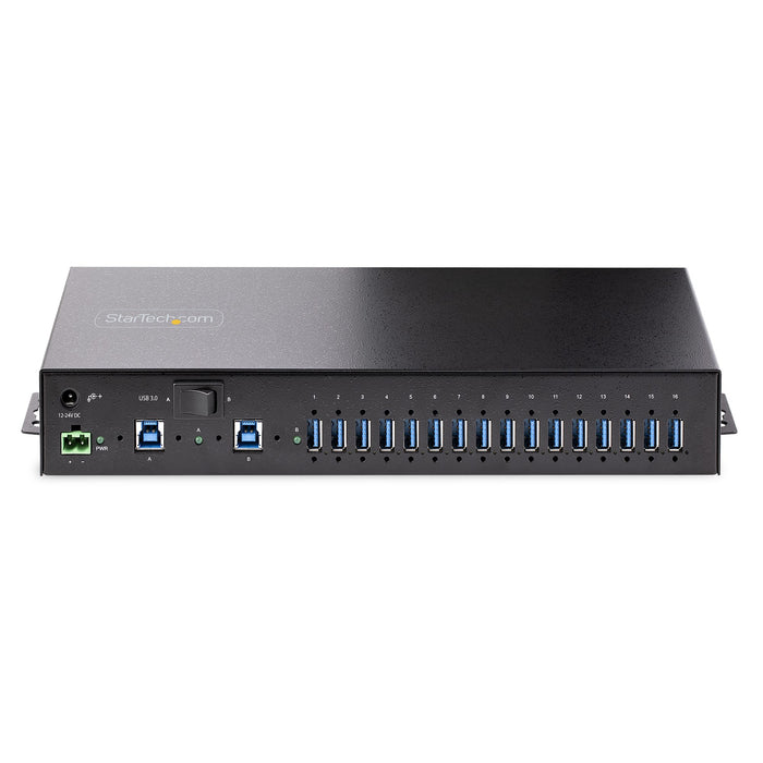 StarTech 16-Port Industrial USB 3.0 Hub 5Gbps, Metal, DIN/Surface/Rack Mountable, ESD Protection, Terminal Block Power, up to 120W Shared USB Charging, Dual-Host Hub/Switch , TAA