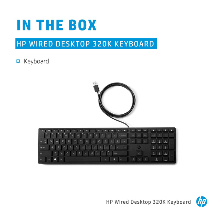 HP Wired Desktop 320K Keyboard, Full-size (100%), Wired, USB, Black