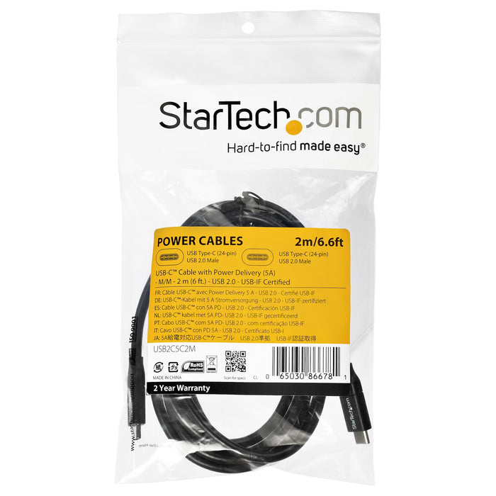 StarTech.com 6.6ft (2m) USB-C Fast Charging Cable, Charge & Sync, 100W (5A) PD, USB 2.0, USB-IF Certified - Black USB C Charging Cord, 2 m, USB C, USB C, USB 2.0, 0.48 Gbit/s, Black