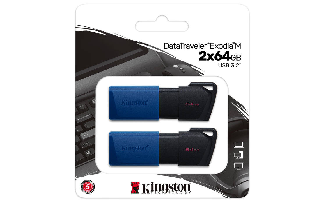 Kingston Technology DataTraveler 64GB USB3.2 Gen 1 Exodia M (Black + Blue) - 2 Pieces, 64 GB, USB Type-A, 3.2 Gen 1 (3.1 Gen 1), Slide, 20 g, Black, Blue