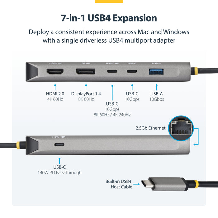 StarTech.com USB4 Multiport Adapter, Driverless Dual-4K for macOS and Windows, 140W Power Delivery Charging, 3-Port 10Gbps Hub, 2.5GbE, Mini Dock, Wired, USB4, 140 W, 10,100,1000,2500 Mbit/s, Grey, 40 Gbit/s