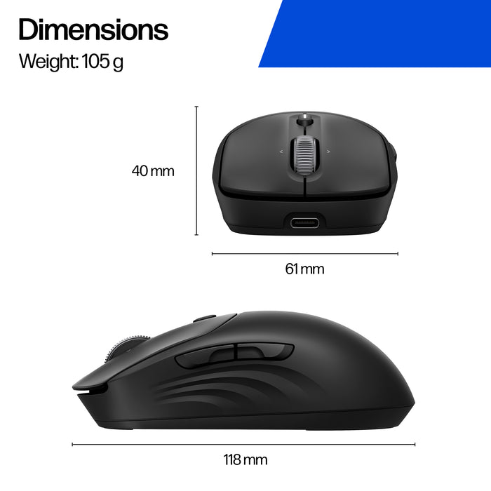 HP 700 Rechargeable Wireless Mouse, Ambidextrous, RF Wireless + Bluetooth, 6000 DPI, Black