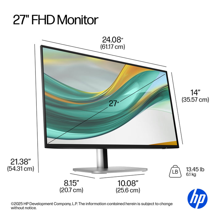 HP Series 5 Pro 27 inch FHD Monitor - 527pf, 68.6 cm (27"), 1920 x 1080 pixels, Full HD, LCD, 5 ms, Black