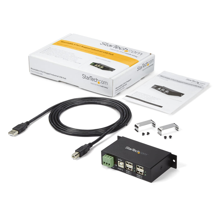 StarTech.com 4-Port USB 2.0 Hub - Metal Industrial USB-A Hub - Din Rail, Wall or Desk Mountable USB Data Hub - TAA Compliant USB Expander Hub, USB 2.0 Type-B, USB 2.0, 480 Mbit/s, Black, Steel, Power