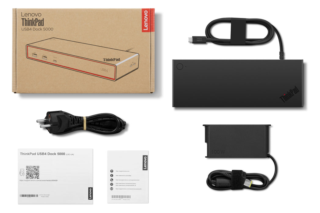 Lenovo ThinkPad USB4 Dock 5000, Wired, Thunderbolt 4, 65 W, 1000 Mbit/s, Black, Eclipse Black