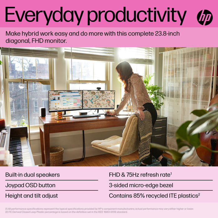 HP P24h G5 FHD Monitor, 60.5 cm (23.8"), 1920 x 1080 pixels, Full HD, LCD, 5 ms, Black