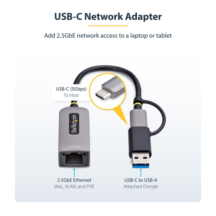 StarTech.com 2.5GbE USB-C to Ethernet Adapter with USB-A Converter, NBASE-T NIC, USB 3.0 Type-C 2.5/1G Multi Speed Network, Thunderbolt Compatible, Windows & Mac, Wired, USB Type-C, Ethernet, 5000 Mbit/s, Grey