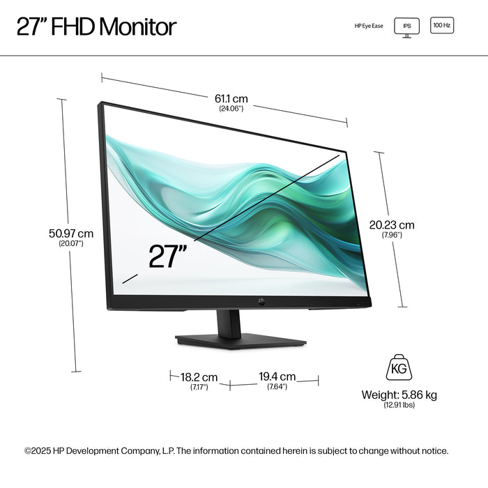 HP Series 3 Pro 27 inch FHD Monitor - 327ph, 68.6 cm (27"), 1920 x 1080 pixels, Full HD, LCD, 5 ms, Black