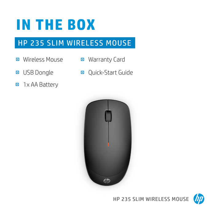 HP 235 Slim Wireless Mouse, Ambidextrous, Optical, RF Wireless, 1600 DPI, Black