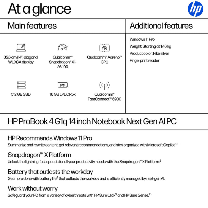 HP ProBook 4 G1q Next Gen AI PC, Qualcomm Snapdragon, 35.6 cm (14"), 1920 x 1200 pixels, 16 GB, 512 GB, Windows 11 Pro
