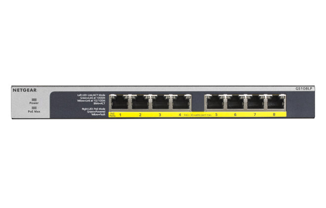 NETGEAR GS108LP, Unmanaged, Gigabit Ethernet (10/100/1000), Power over Ethernet (PoE), Rack mounting, 1U, Wall mountable
