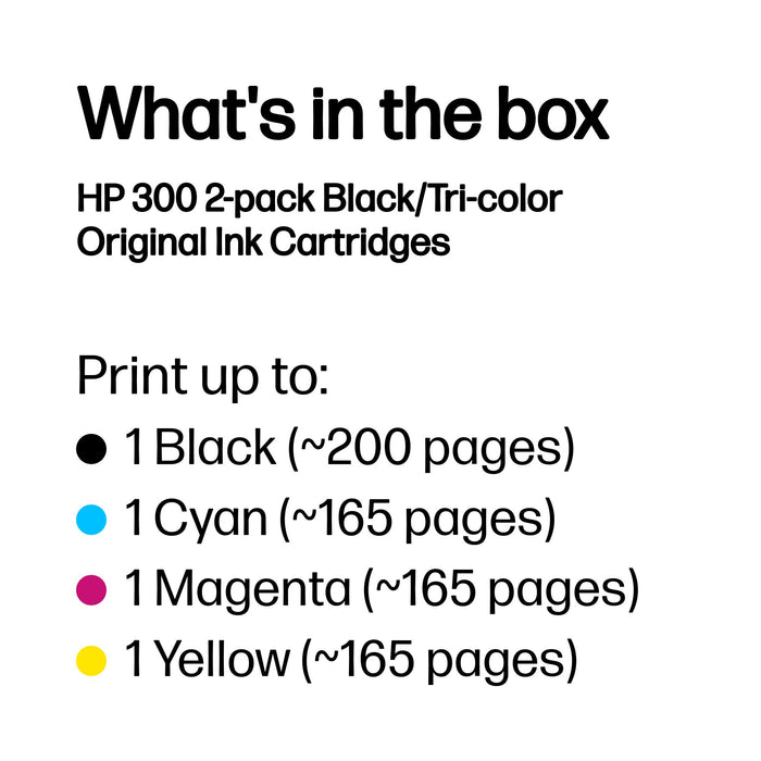 HP 300 2-pack Black/Tri-color Original Ink Cartridges, Standard Yield, Black, Cyan, Magenta, Yellow, Pigment-based ink, Dye-based ink, 2 pc(s), 200 pages