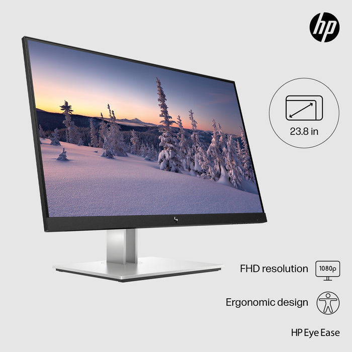 HP E24 G4 FHD Monitor, 60.5 cm (23.8"), 1920 x 1080 pixels, Full HD, LCD, 5 ms, Black, Silver