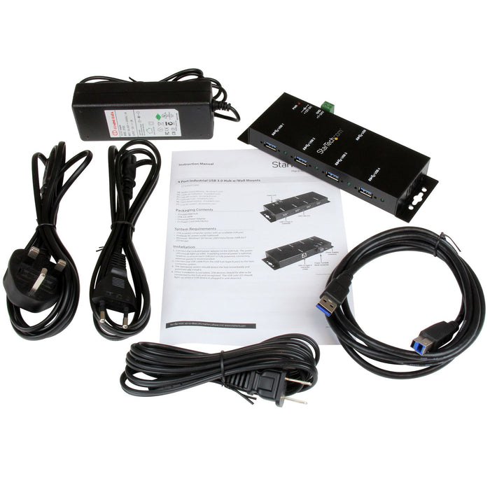 StarTech.com 4-Port USB 3.0 Hub - 5Gbps - Metal Industrial USB-A Hub - Wall or Desk Mountable USB Data Hub - TAA Compliant USB Expander Hub, USB 3.2 Gen 1 (3.1 Gen 1) Type-B, USB 3.2 Gen 1 (3.1 Gen 1) Type-A, 5000 Mbit/s, Black, Steel, Power, USB