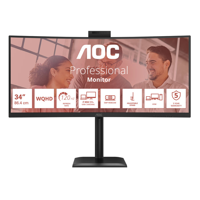 AOC E4 CU34E4CW, 86.4 cm (34"), 3440 x 1440 pixels, UltraWide Quad HD, LED, 4 ms, Black