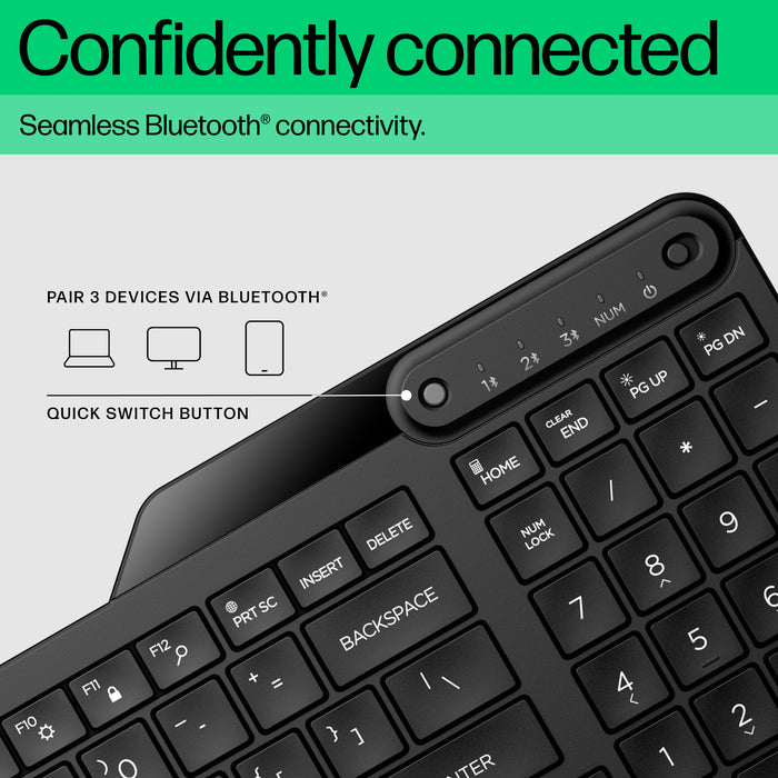 HP 460 Multi-Device Bluetooth Keyboard, Full-size (100%), Wireless, Bluetooth, Plunger key switch, Black