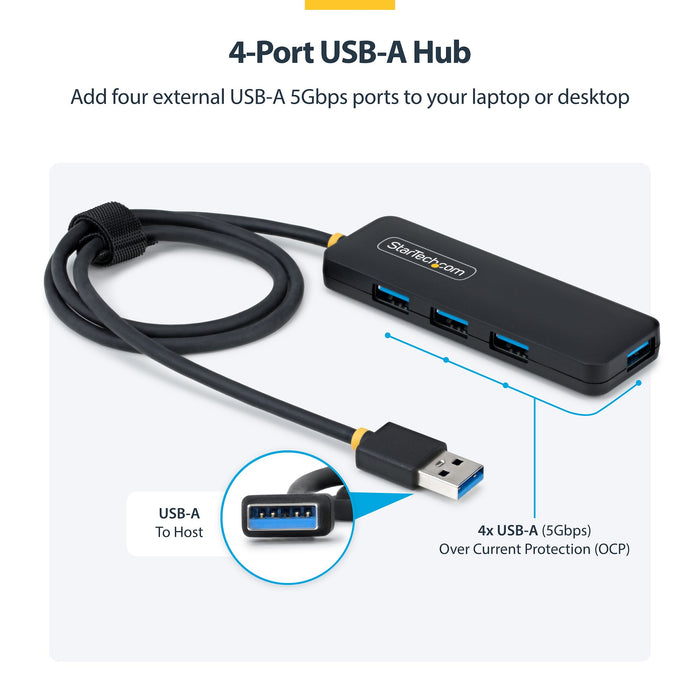 StarTech USB-A 4-Port Hub, SuperSpeed 5Gbps, 4 × USB-A Adapter, Bus-Powered Portable Hub with Extra Long 2 ft Cable, Plug-and-Play for MacBook, Dell, Chromebook, PC & Peripheral Devices