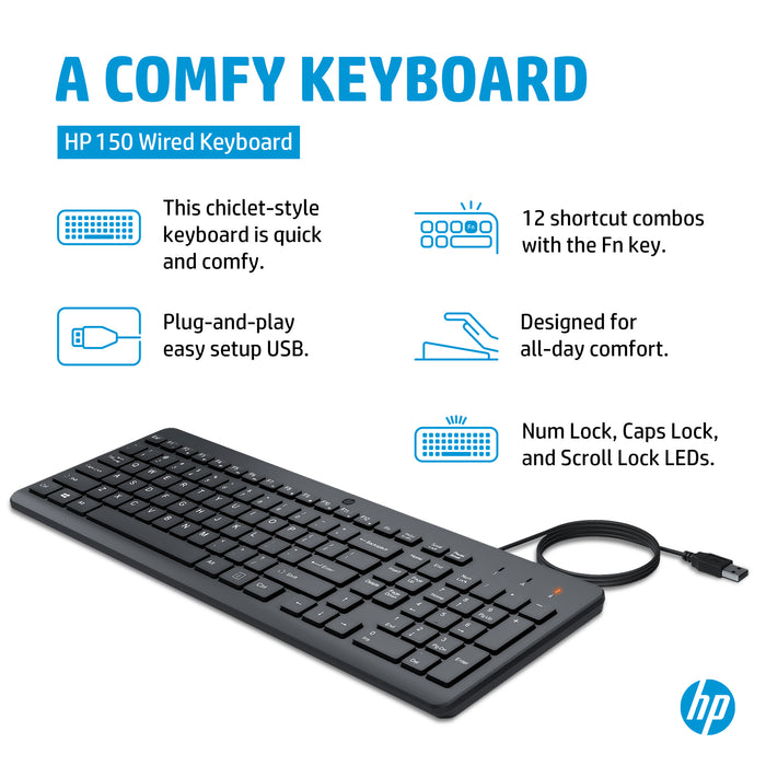 HP 150 Wired Keyboard, Full-size (100%), Wired, USB, Black
